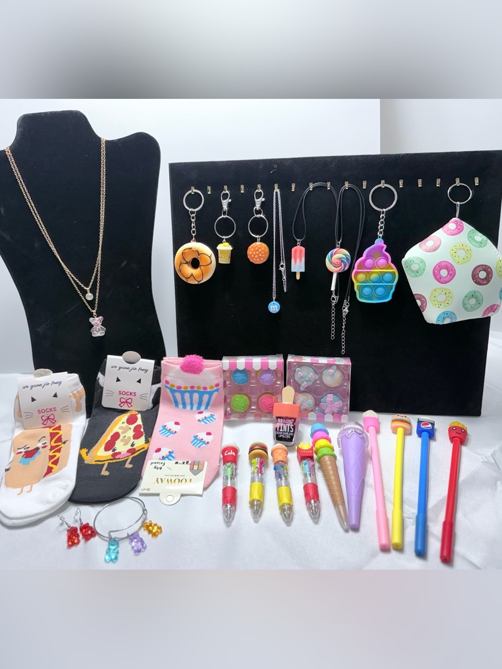 25-Piece Junk Food Themed Mixed Lot Fun Foodie Bundle Pens Erasers Socks Jewelry